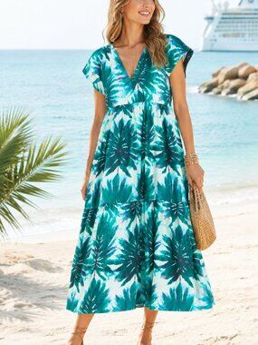 Marie Oliver Kara 100% Linen Leaf Print Puff Sleeve Midi Dress Small Retail $398